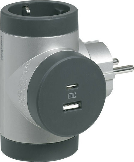 Legrand Ταφ 2 Θέσεων με 1 USB-A και 1 USB-C Ασημί