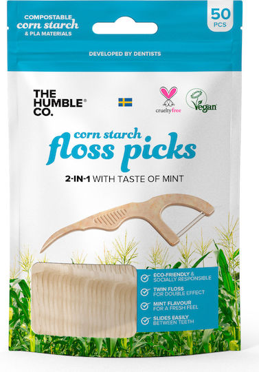 The Humble Co. Floss Picks with Mint Flavour & Handle Beige 50pcs