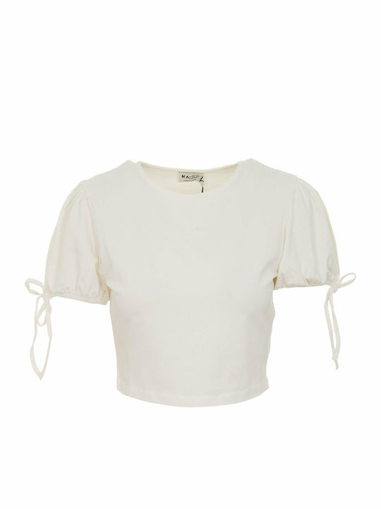 1660-000235 Damen Sommer Crop Top Baumwolle Kurzarm Weiß