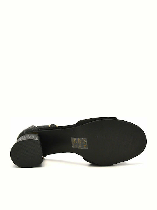Suede Women's Sandals with Ankle Strap Black with Chunky Medium Heel