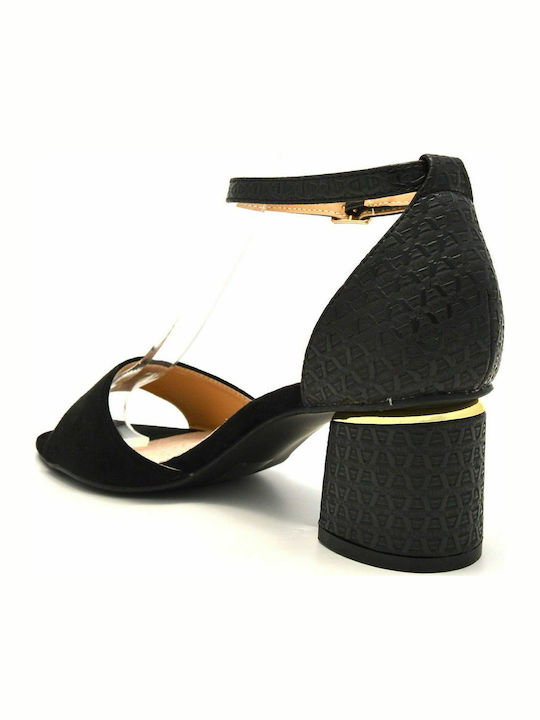 Suede Women's Sandals with Ankle Strap Black with Chunky Medium Heel