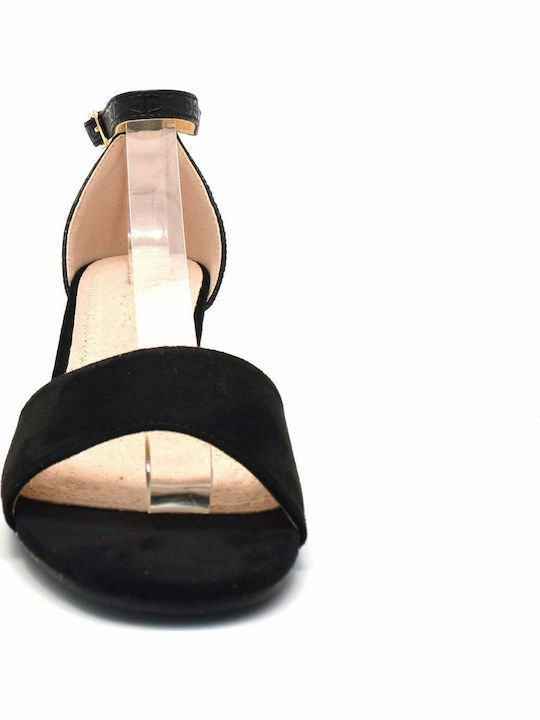 Suede Women's Sandals with Ankle Strap Black with Chunky Medium Heel