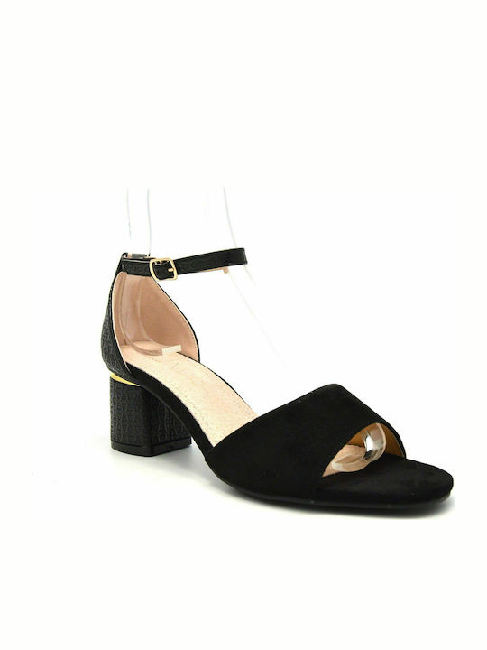 Envie Shoes Catifea Sandale dama cu Chunky Toc Mediu in Culorea Negru