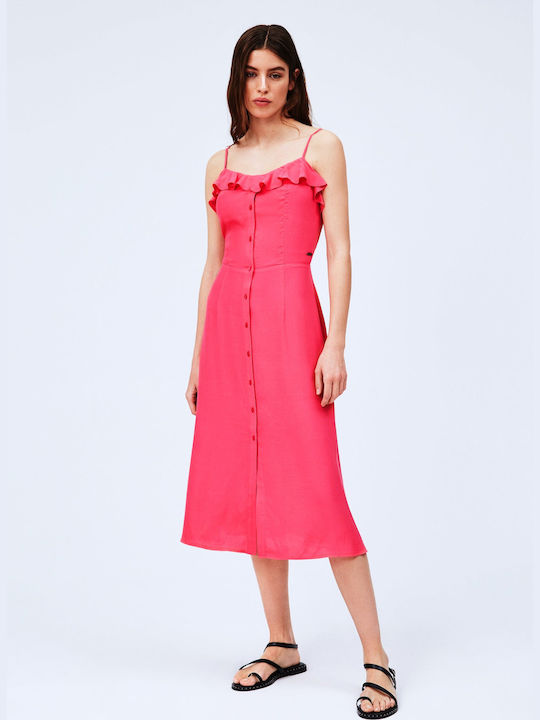 Pepe Jeans Summer Midi Dress with Ruffle Pink