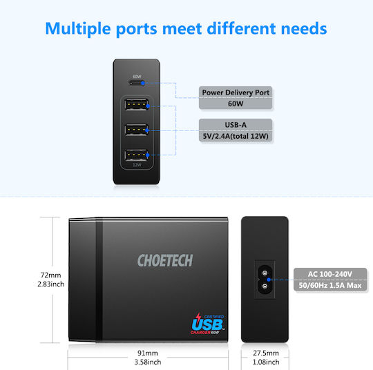 Choetech Βάση Φόρτισης με 3 Θύρες USB-A και Θύρα USB-C 72W Power Delivery σε Μαύρο χρώμα (PD72-1C3U)