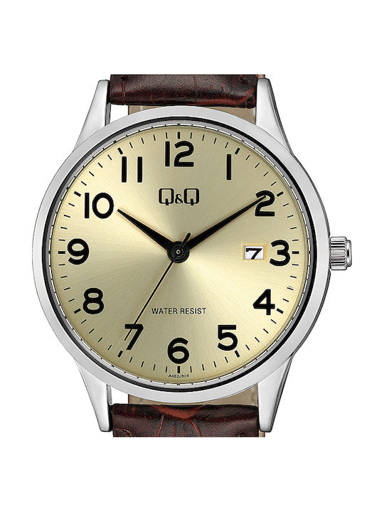 Q&Q Watch Battery with Brown Leather Strap