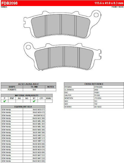 Ferodo Eco-Friction Front Pads Honda Varadero XLV 1000/Honda Silverwing 400 2006