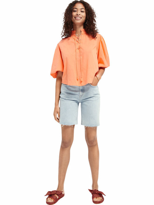 Women's Summer Blouse Cotton Short Sleeve Orange