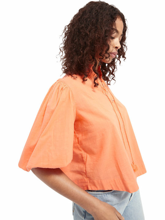 Women's Summer Blouse Cotton Short Sleeve Orange