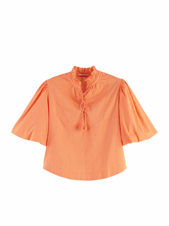 Women's Summer Blouse Cotton Short Sleeve Orange