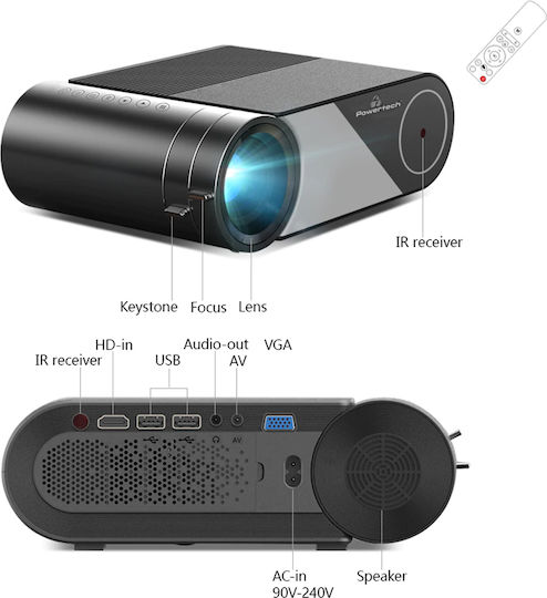 Powertech PT-962 Projector LCD HD Λάμπας LED με Wi-Fi και Ενσωματωμένα Ηχεία