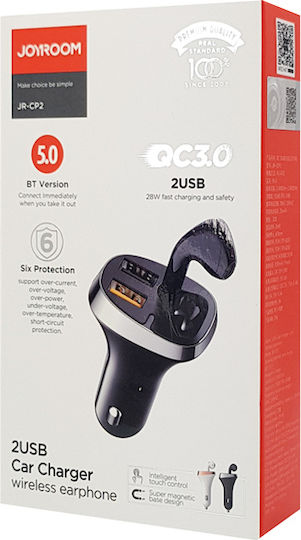 Joyroom JR-CP2 Φορτιστής Αυτοκινήτου 28W 2A με Θύρες: 2xUSB και Ακουστικά Bluetooth Μαύρο Χρώμα