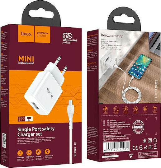 Hoco Φορτιστής με Θύρα USB-A και Καλώδιο micro USB Λευκός (N9 Especial)