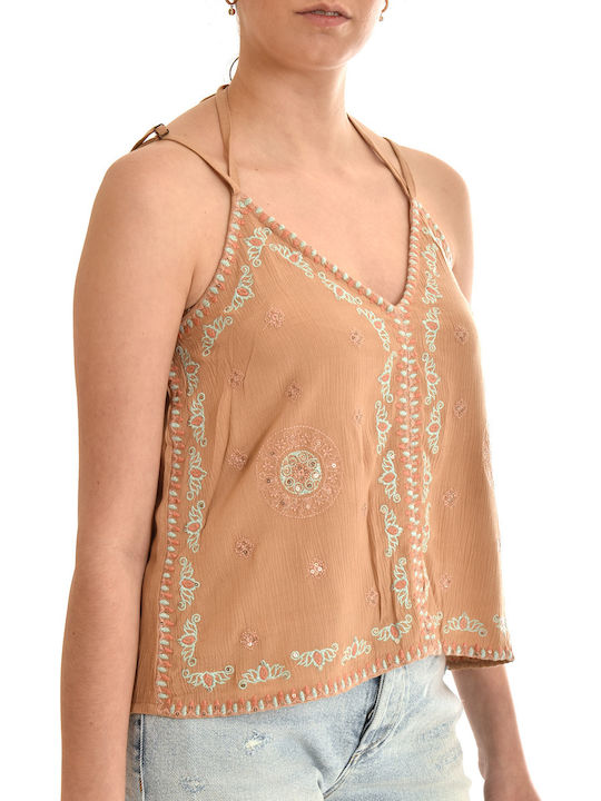 Nekane Top With Ethnic Embroidery & Ribbon-Sand Beige (AG.GUIRA-131)