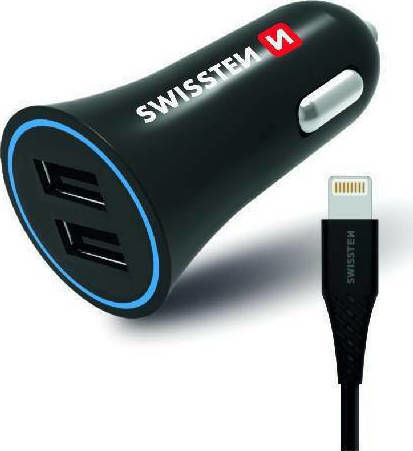 Swissten Încărcător Auto 12W 2.4A cu Porturi: 2xUSB împreună cu Cablu Lightning Negru Culoare