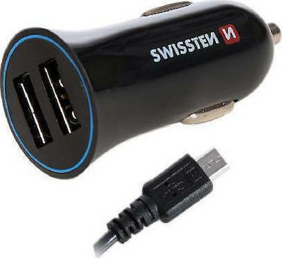 Swissten Car Charger Black Total Intensity 2.4A with Ports: 2xUSB with Cable Micro-USB