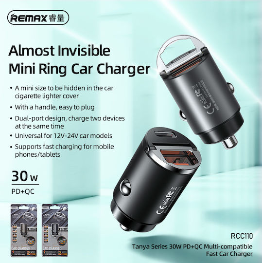 Remax Φορτιστής Αυτοκινήτου RCC110 30W 4.8A Γρήγορης Φόρτισης με Θύρες: 1xUSB 1xType-C Μαύρος