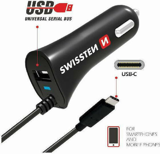 Swissten Auto-Ladegerät 12W 2.4A mit Anschlüssen: 1xUSB-A 1xType-C inklusive Kabeltyp Type-C Schwarz Farbe