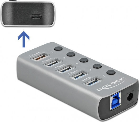 DeLock USB-Hub 6 Anschlüsse USB 3.2 mit USB-A Anschluss Grau