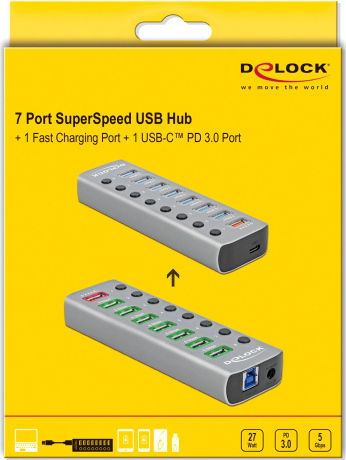 DeLock USB-Hub 9 Anschlüsse USB 3.2 mit USB-A Anschluss Grau