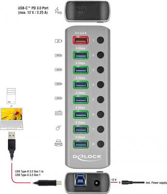 DeLock USB 3.2 Hub 9 Θυρών με σύνδεση USB-A & Θύρα Φόρτισης και Εξωτερική Παροχή Ρεύματος Γκρι