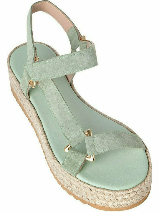 Leather Women's Flat Sandals with Strap Flatforms in Green Color