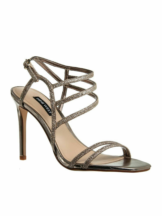 Nine West Zana3 Γυναικεία Πέδιλα με Λεπτό Ψηλό Τακούνι σε Χρυσό Χρώμα