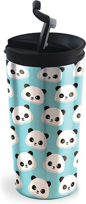 iDrink Panda Glass Thermos Stainless Steel BPA Free Blue 350ml with Mouthpiece