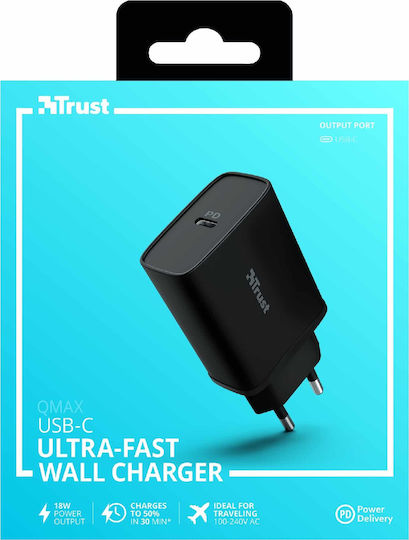 Trust Charger Without Cable with USB-C Port 18W Power Delivery Blacks (Qmax Ultra-Fast)