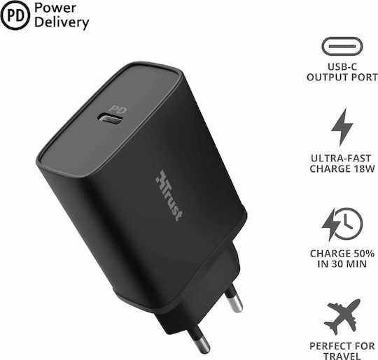 Trust Charger Without Cable with USB-C Port 18W Power Delivery Blacks (Qmax Ultra-Fast)