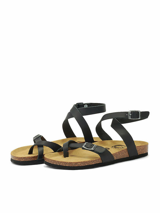 Bankog Leather Women's Flat Sandals Anatomic with Strap in Black Color