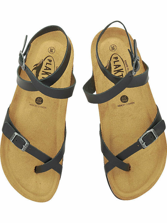 Bankog Leather Women's Flat Sandals Anatomic with Strap in Black Color
