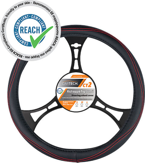Cartech Car Steering Wheel Cover CT2 with Diameter 38cm Synthetic Black with Red Stitching