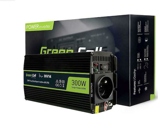 Green Cell Инвертор за кола Чиста синусоидална вълна 300W за преобразуване на 24V DC в 230V AC с 1xUSB