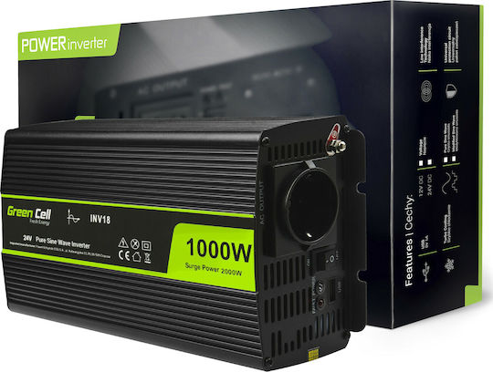 Green Cell Инвертор за кола Чиста синусоидална вълна 1000W за преобразуване на 24V DC в 230V AC с 1xUSB