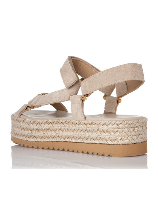 Leather Women's Flat Sandals with Strap Flatforms in Beige Color