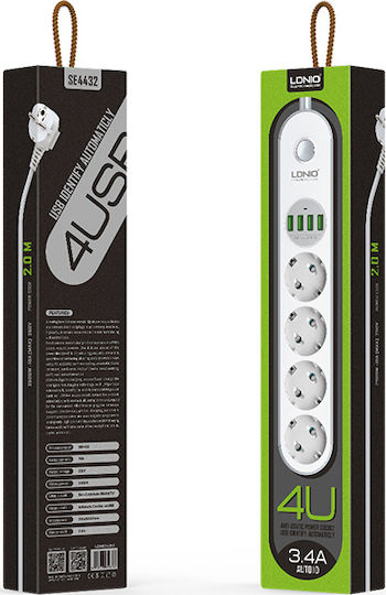 Ldnio 4U Πολύπριζο 4 Θέσεων με 4 USB-A, Διακόπτη και Καλώδιο 2m