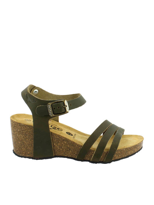 Women's Leather Ankle Strap Platforms Khaki
