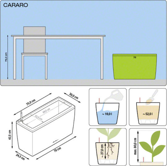 Lechuza Cararo Charcoal Metallic Self-watering Planter Box Plastic Gray 75x30x42.5cm.