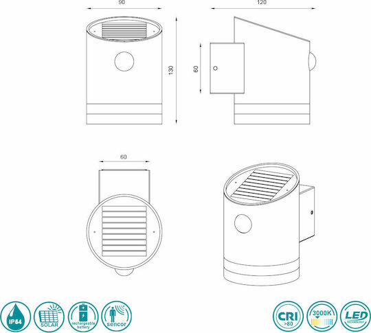 Trio Lighting Salta Wall Mounted Solar Light 3W 165lm Warm White 3000K with Photocell IP44 9cmx13cmcm