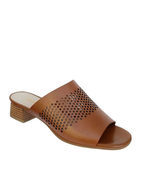 Leather Mules with Chunky Low Heel in Tabac Brown Color