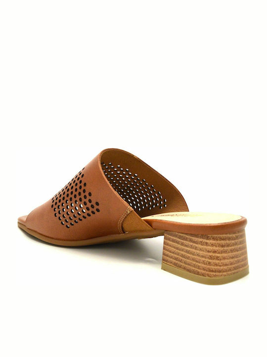Leather Mules with Chunky Low Heel in Tabac Brown Color