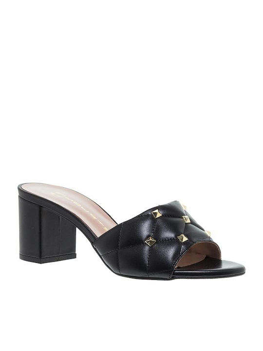 55333 Leather Mules with Chunky High Heel in Black Color