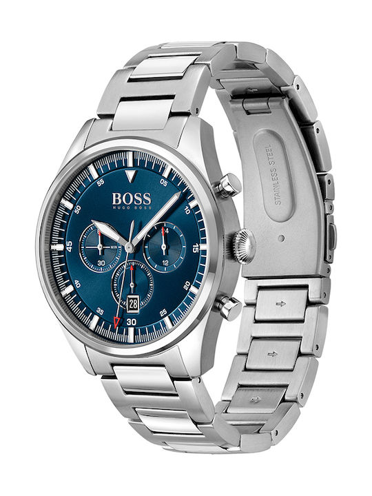 Boss Pioneer Ανδρικό Ρολόι 44mm Χρονογράφος Μπαταρίας με Ασημί Μεταλλικό Μπρασελέ