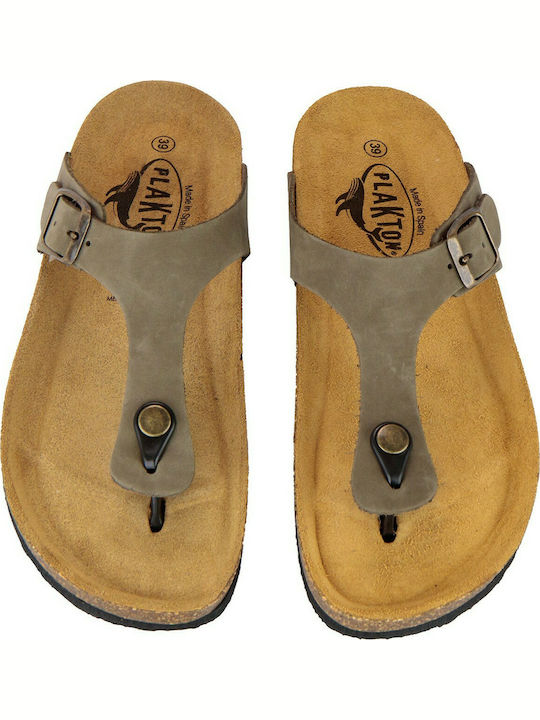 Plakton Leather Women's Flat Sandals Anatomic in Khaki Color