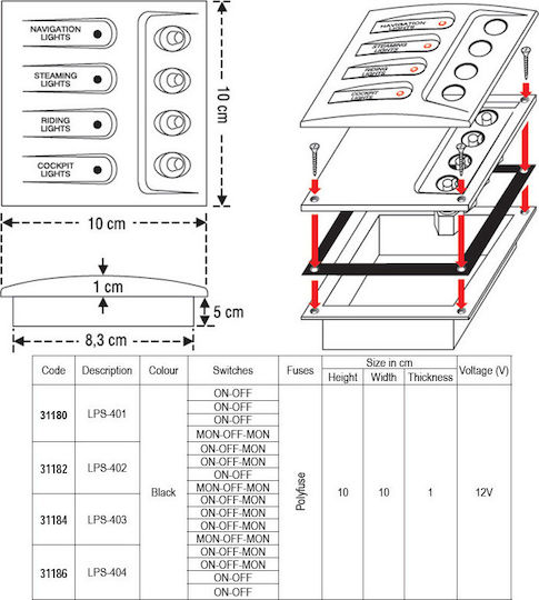 Lalizas LPS-402 Boat Switch (Диоден превключвател) с панели Πίνακας Ελέγχου με 4 Διακόπτες
