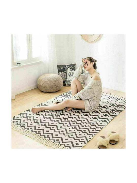 Iliadis Rug Rectangular Cotton with Fringes Cream With Grey Designs