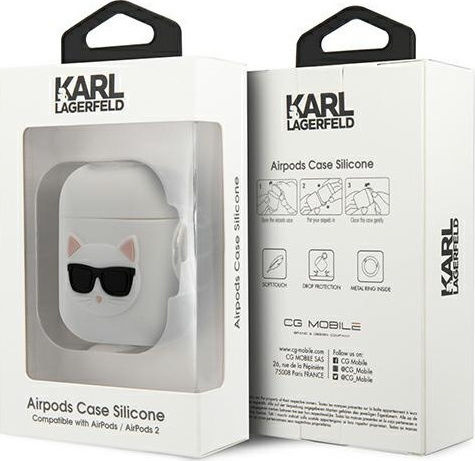 Karl Lagerfeld Choupette Fun Hülle Silikon mit Haken in Weiß Farbe für Apple AirPods