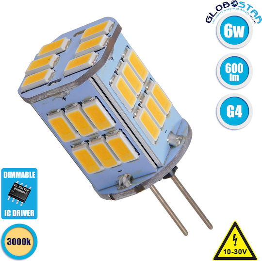 GloboStar Λάμπα LED 6W για Ντουί G4 Θερμό Λευκό 600lm Dimmable