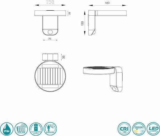 Trio Lighting Posadas Wall Mounted Solar Light 4.5W 290lm Warm White 3000K with Motion Sensor IP44 15cmx12cmcm